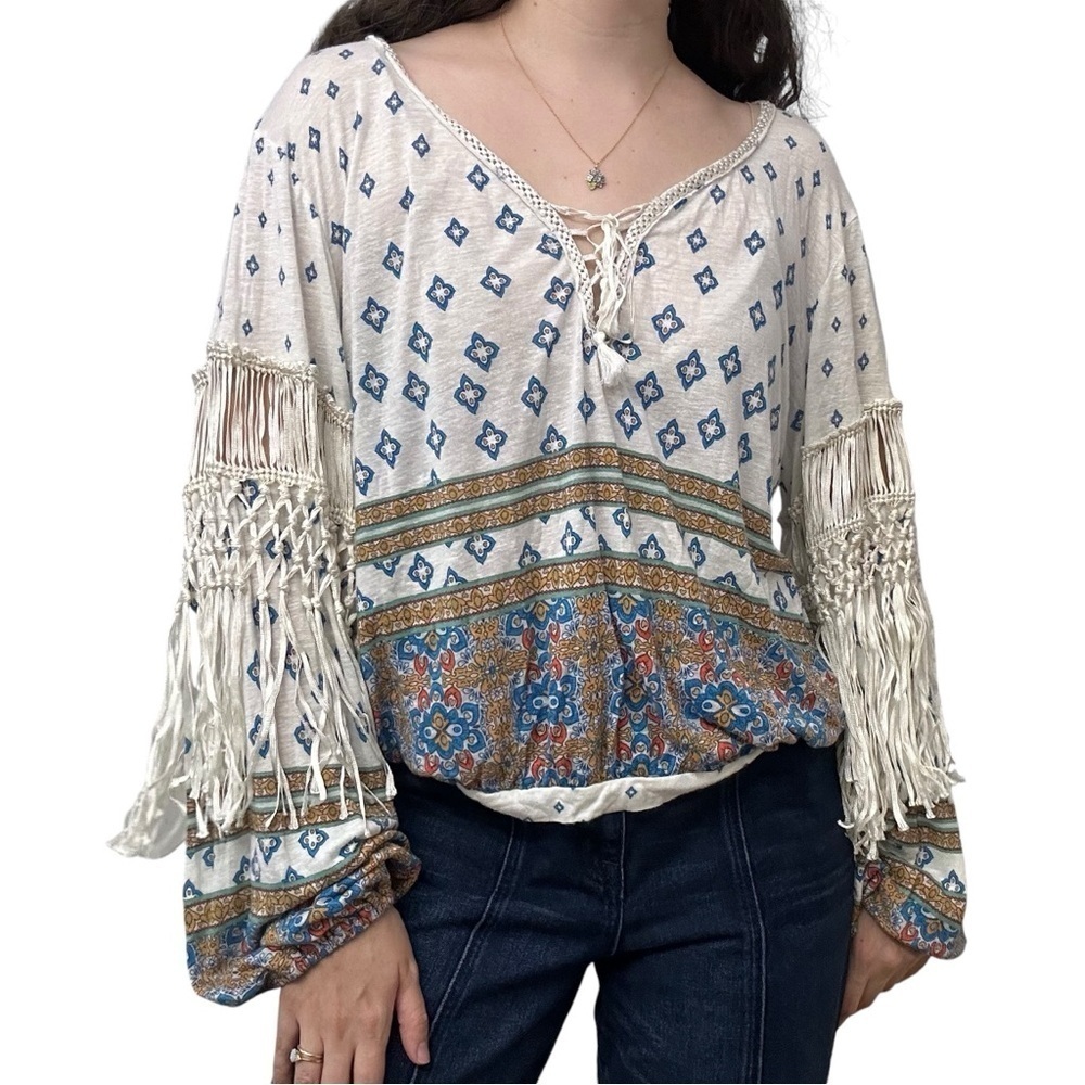 Free People Blouse Tassels Boho Floral Lace Up Festival Hippie Casual Size Small